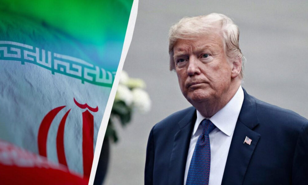 Split image with an Iranian flag on the left and a serious man in a dark suit on the right, separated by a diagonal white divider.