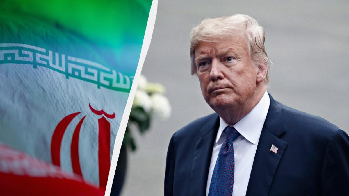 Split image with an Iranian flag on the left and a serious man in a dark suit on the right, separated by a diagonal white divider.