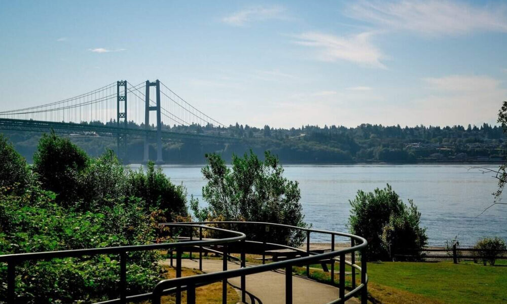 Suspension bridge spanning a river, viewed from a waterfront park with a curved railing and green bushes in the foreground.