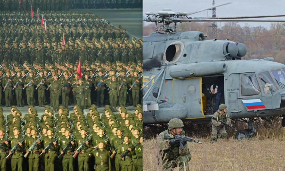 Left: a large formation of soldiers in green uniforms marching with rifles; right: a gray military helicopter with armed soldiers on a grassy field.
