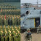 Left: a large formation of soldiers in green uniforms marching with rifles; right: a gray military helicopter with armed soldiers on a grassy field.