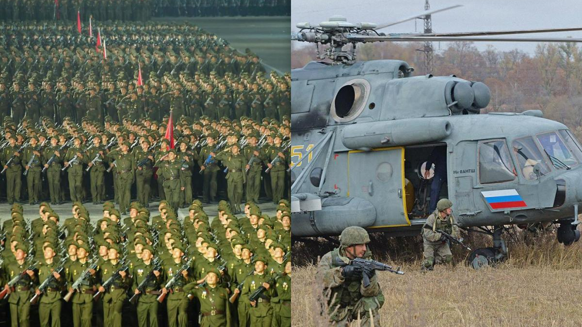 Left: a large formation of soldiers in green uniforms marching with rifles; right: a gray military helicopter with armed soldiers on a grassy field.