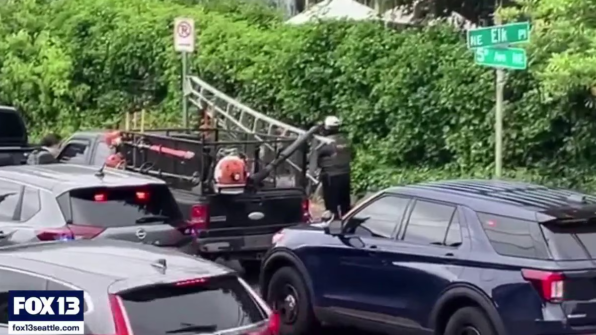 Emergency responders stand on the back of a black pickup with a long ladder extended, loading equipment on a crowded street; FOX13 logo in the lower-left corner.
