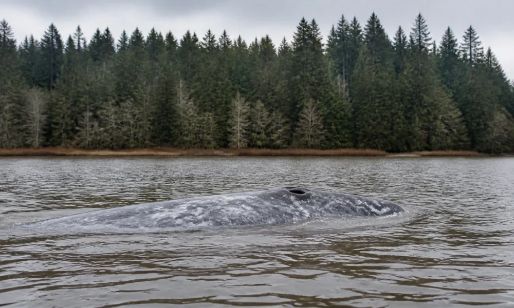 A large gray whale surfaces in a calm lake, with a pine forest along the distant shore under cloudy skies.