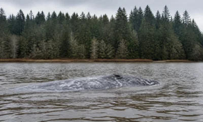 A large gray whale surfaces in a calm lake, with a pine forest along the distant shore under cloudy skies.