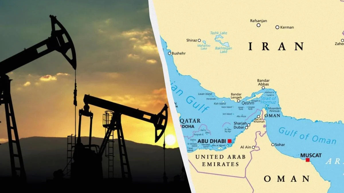 Silhouetted oil pump jacks at sunset beside a map highlighting Iran and the Persian Gulf region nearby neighboring countries.