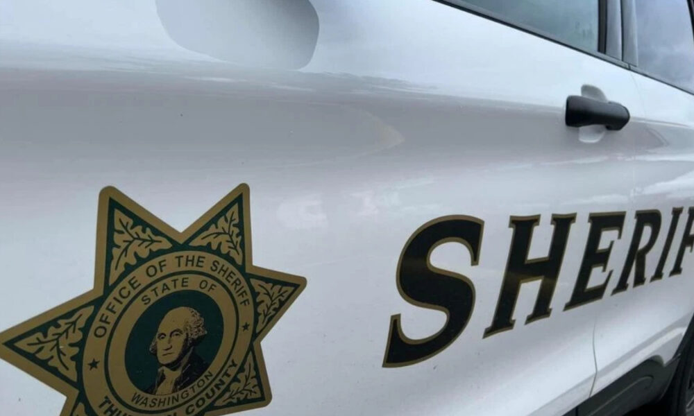 Side view of a white sheriff's cruiser with a large 'SHERIFF' decal and a gold star badge graphic.