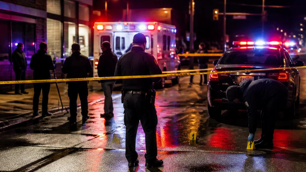 Nighttime street scene of a crime scene with police cars, an ambulance, yellow caution tape, and investigators on wet pavement behind the tape.