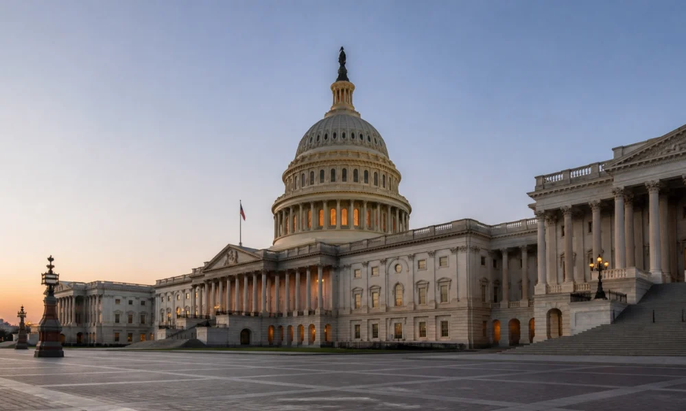 Wide-angle view of the U.S. Capitol in Washington, D.C. with its dome lit at sunset and grand neoclassical wings on either side, plus steps in the foreground.