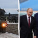 Split image: left shows an armored military truck with its headlight on; right shows two men in suits walking and talking, one with a red tie