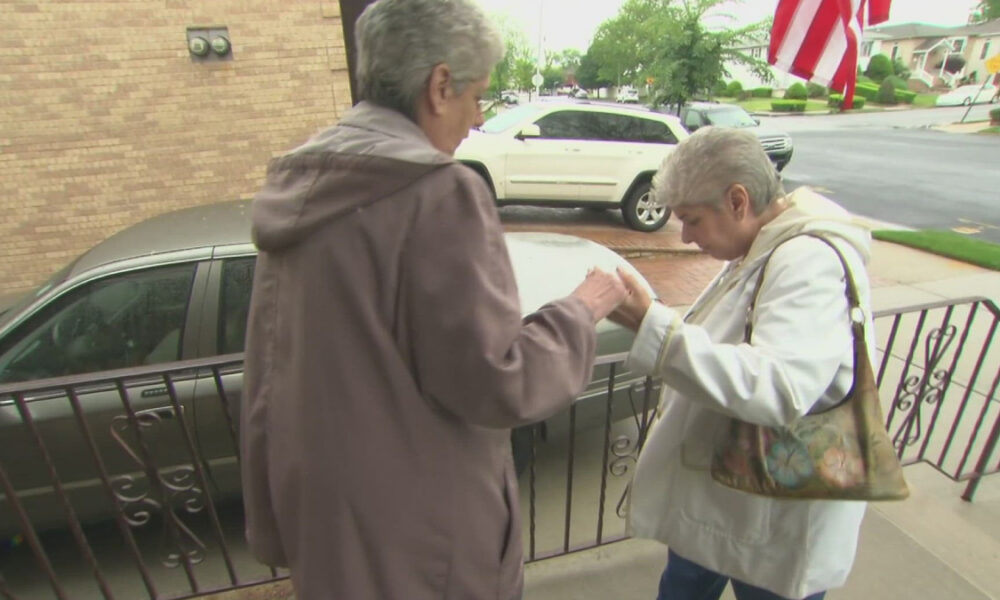 Two elderly women stand on a sidewalk by a railing, one aiding the other as they hold hands near a parked car and houses in a suburban street.