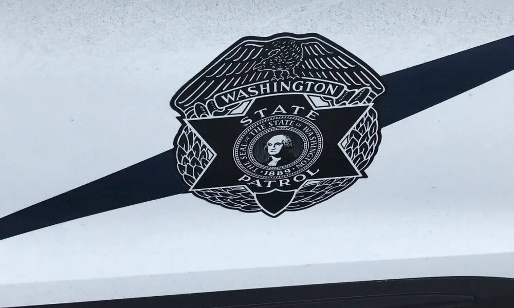 Close-up of a Washington State Patrol badge emblem on a white vehicle with a bold black diagonal stripe behind it.