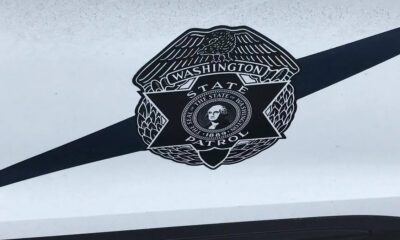 Close-up of a Washington State Patrol badge emblem on a white vehicle with a bold black diagonal stripe behind it.