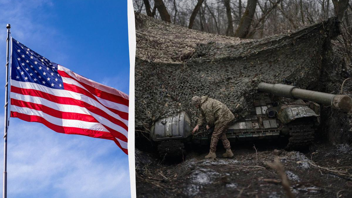 Flag of the United States waving on the left, with a damaged tank and a soldier in a wooded area on the right.