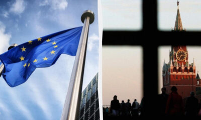 Split image: EU flag on flagpoles against a blue sky; on the right, Moscow's Spasskaya Tower clock framed by a window cross with people in silhouette