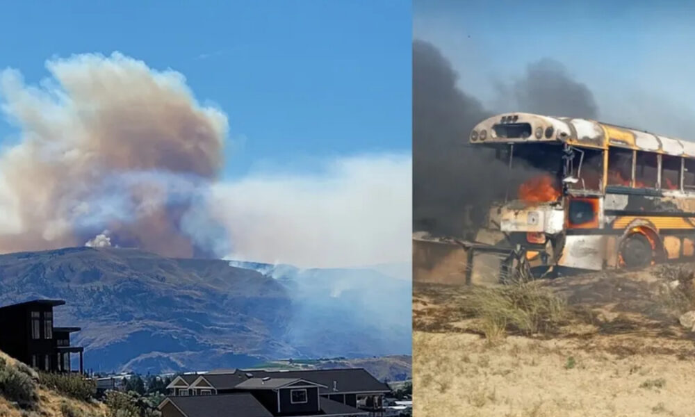 Split image: a wildfire plume rising from hills behind residential houses on the left, and a burning school bus with dark smoke on the right.