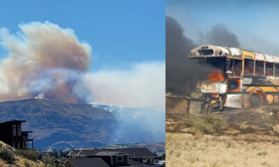 Split image: a wildfire plume rising from hills behind residential houses on the left, and a burning school bus with dark smoke on the right.