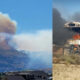 Split image: a wildfire plume rising from hills behind residential houses on the left, and a burning school bus with dark smoke on the right.