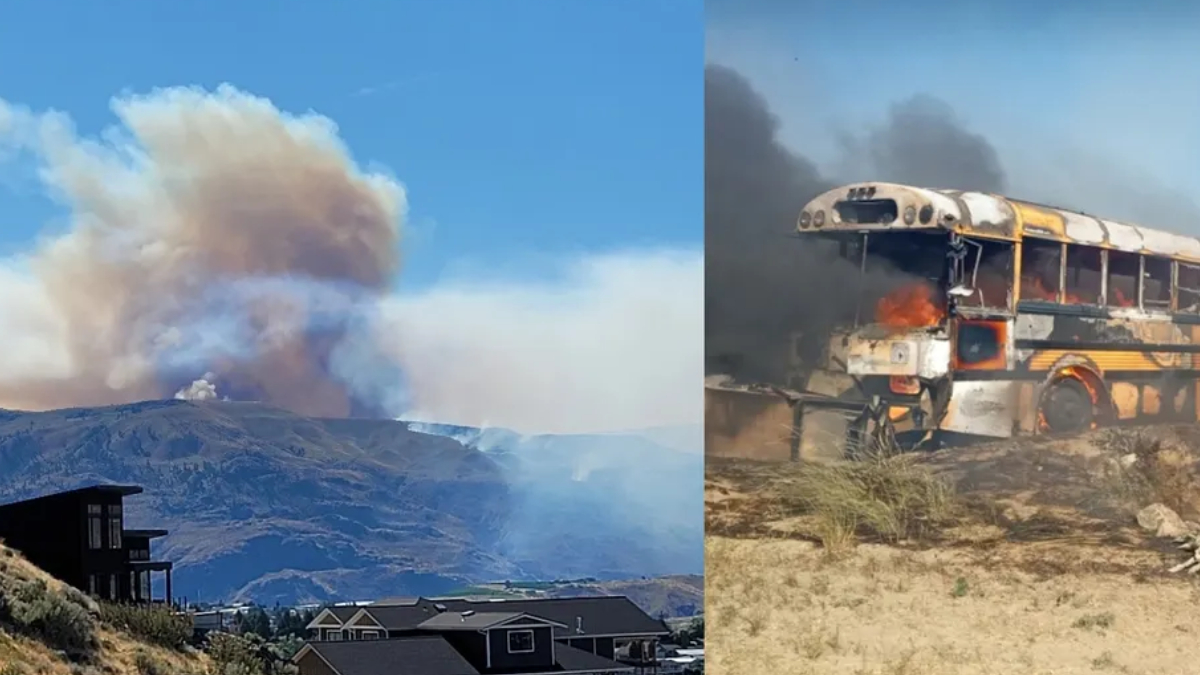 Split image: a wildfire plume rising from hills behind residential houses on the left, and a burning school bus with dark smoke on the right.