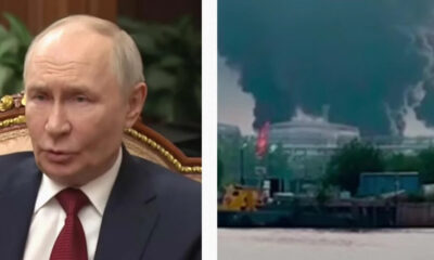 Left panel shows a middle-aged man in a dark suit and red tie seated in an ornate chair, speaking. Right panel shows a city waterfront with thick black smoke rising from a building in the distance.