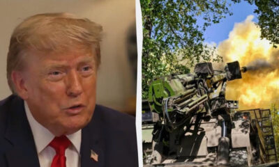 Split image: a man in a suit on the left and a large artillery cannon firing on the right, with a white divider between them.