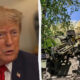 Split image: a man in a suit on the left and a large artillery cannon firing on the right, with a white divider between them.