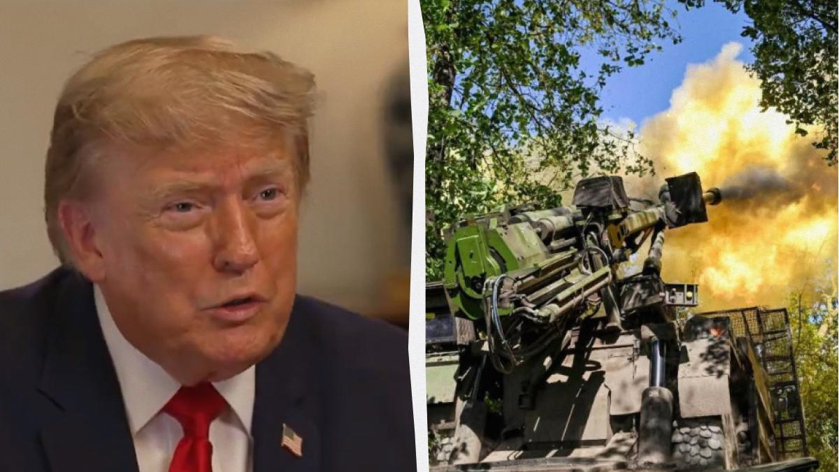 Split image: a man in a suit on the left and a large artillery cannon firing on the right, with a white divider between them.