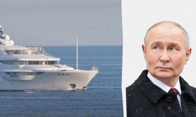 Split image: a large white luxury yacht on the left and a man in a dark overcoat on the right, against a plain background.