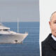 Split image: a large white luxury yacht on the left and a man in a dark overcoat on the right, against a plain background.