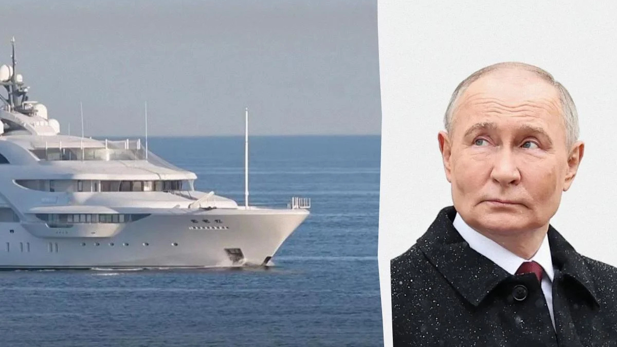 Split image: a large white luxury yacht on the left and a man in a dark overcoat on the right, against a plain background.