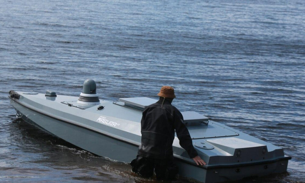 Person wearing a brown hat helps push a gray speedboat into calm water at the lake, shoreline in view.