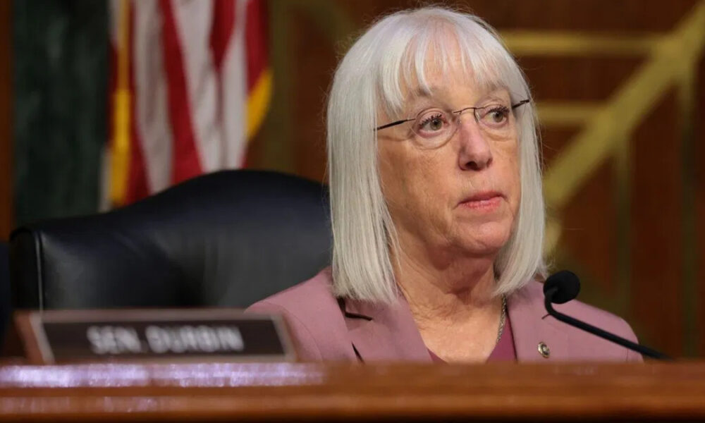 Senator Durbin seated at a hearing table with a microphone, wearing a pink blazer and glasses, nameplate visible in the foreground.