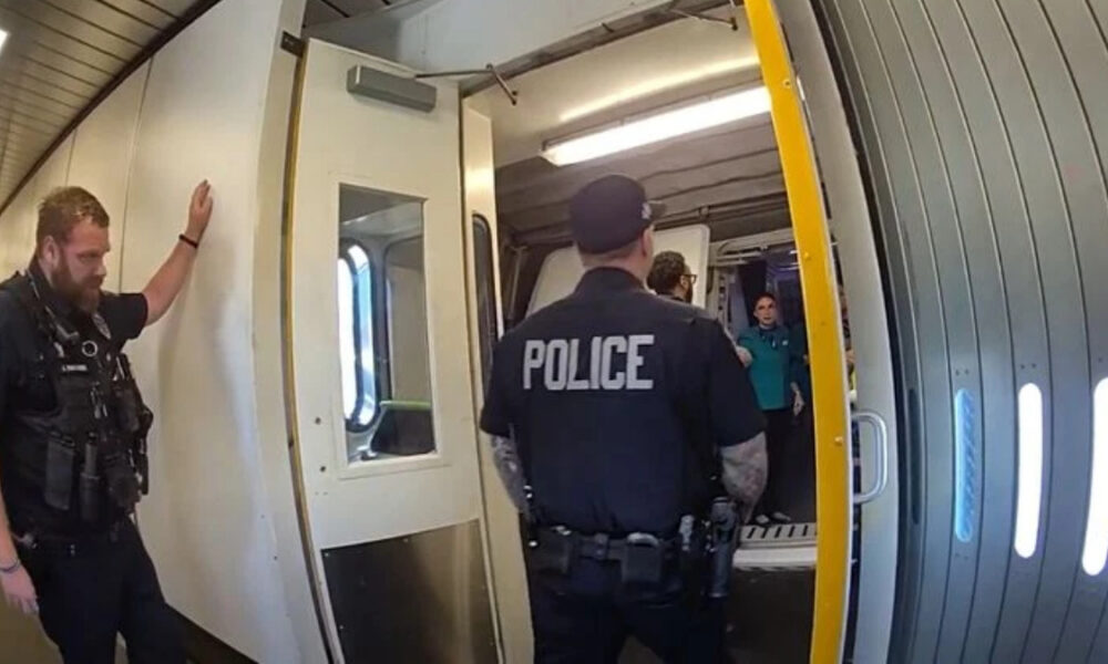 Two police officers stand at an open subway car door; one facing away with 'POLICE' on his back and another officer on the left.