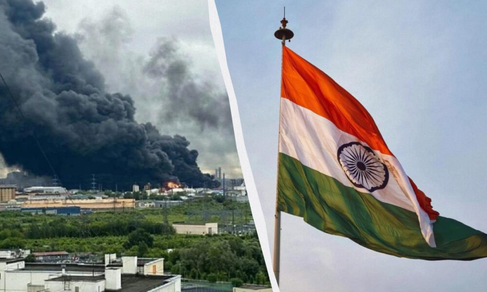 Split image: left side shows thick black smoke from a large fire over an industrial area; right side shows the Indian flag waving in the wind against a clear sky.