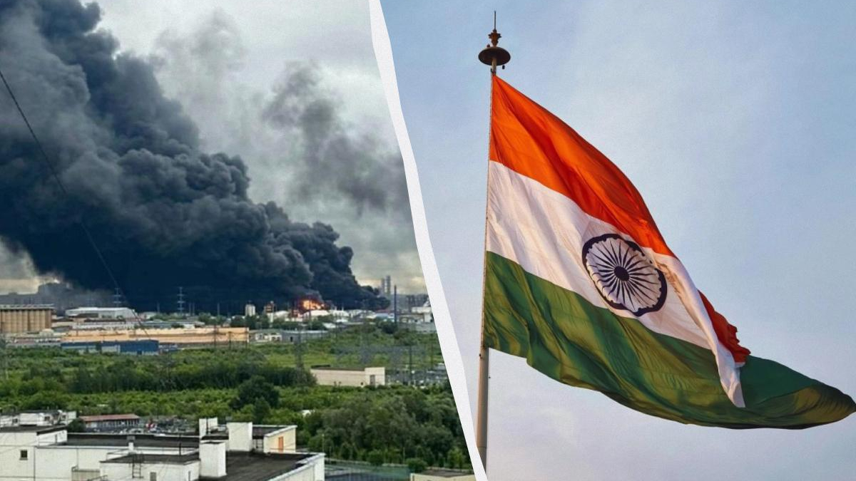 Split image: left side shows thick black smoke from a large fire over an industrial area; right side shows the Indian flag waving in the wind against a clear sky.