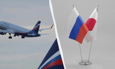 Airplane taking off on the left with a Russian flag-style tail; the right shows Russia and Japan flags on a stand in a split image.