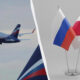 Airplane taking off on the left with a Russian flag-style tail; the right shows Russia and Japan flags on a stand in a split image.
