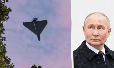 Split image: a triangular drone aircraft flying in a blue-pink sky on the left, with trees; on the right, a serious-looking man in a dark coat looking to the side.