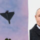 Split image: a triangular drone aircraft flying in a blue-pink sky on the left, with trees; on the right, a serious-looking man in a dark coat looking to the side.