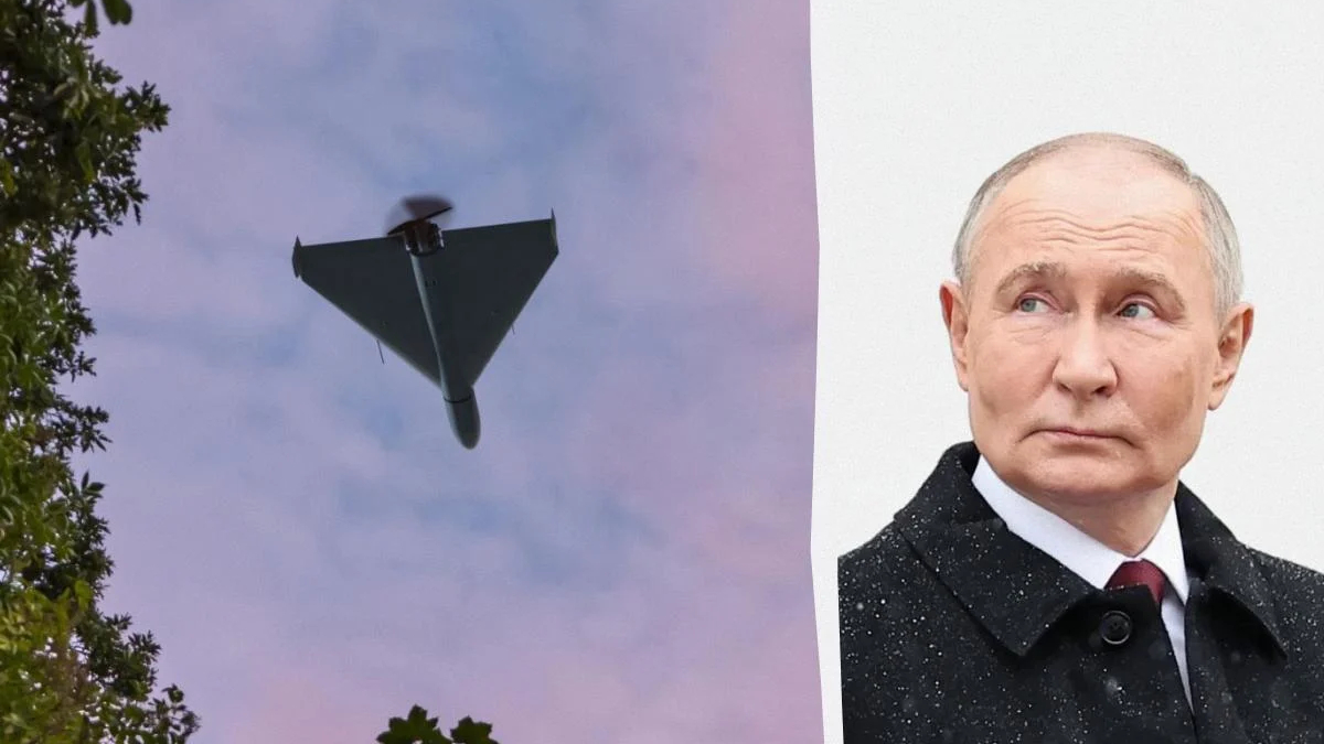 Split image: a triangular drone aircraft flying in a blue-pink sky on the left, with trees; on the right, a serious-looking man in a dark coat looking to the side.