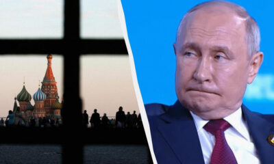 Left: silhouettes of people near St. Basil's Cathedral; right: Vladimir Putin in a suit against a blue backdrop.