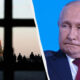 Left: silhouettes of people near St. Basil's Cathedral; right: Vladimir Putin in a suit against a blue backdrop.