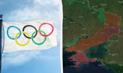 Split image: left shows the Olympic flag on a pole, right shows a map of Ukraine with colored territorial overlays.