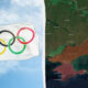 Split image: left shows the Olympic flag on a pole, right shows a map of Ukraine with colored territorial overlays.