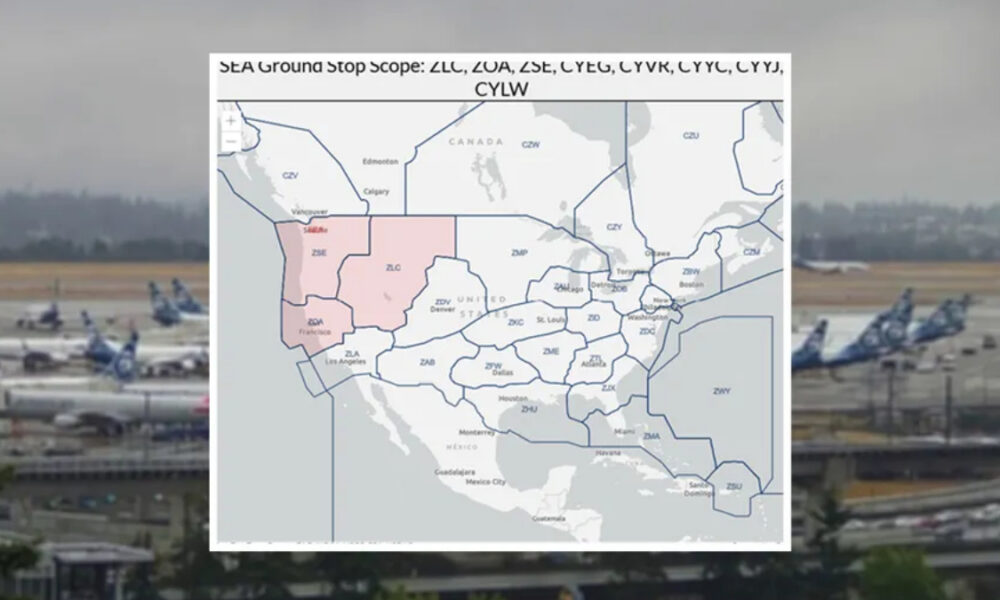 Map of U.S. airspace sectors with a pink-highlighted region in the western United States.
