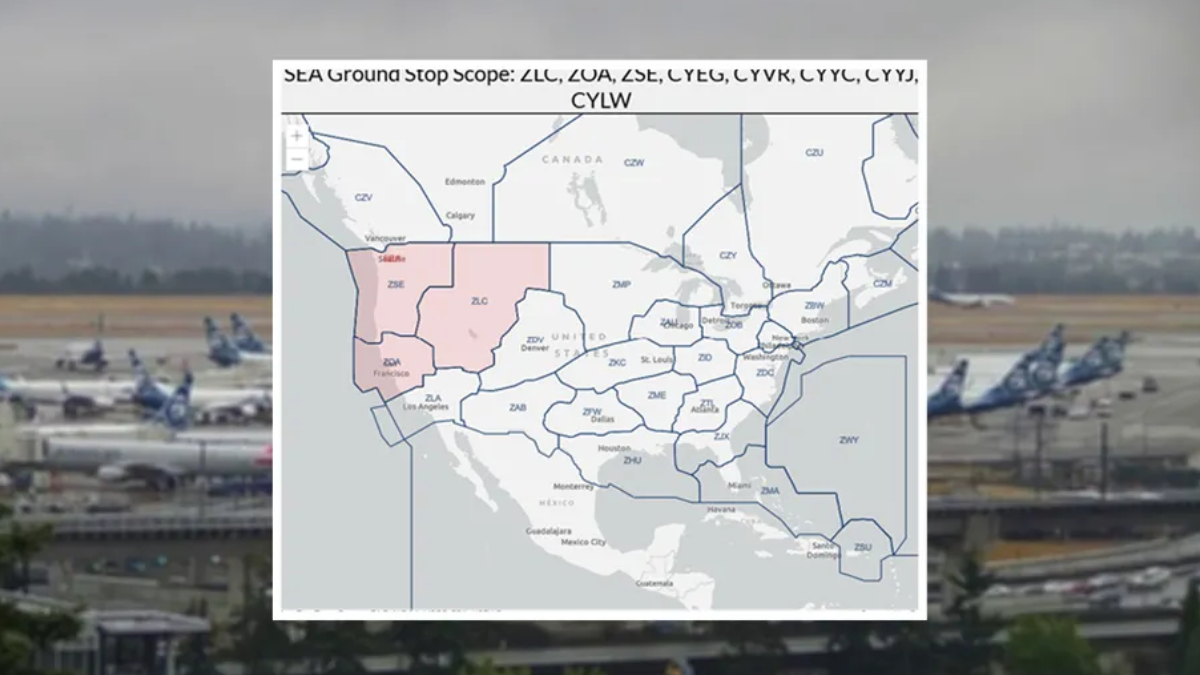 Map of U.S. airspace sectors with a pink-highlighted region in the western United States.