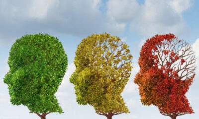 Three head-shaped trees in green, yellow, and red symbolize growth and change, set against a blue sky with clouds.