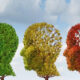 Three head-shaped trees in green, yellow, and red symbolize growth and change, set against a blue sky with clouds.
