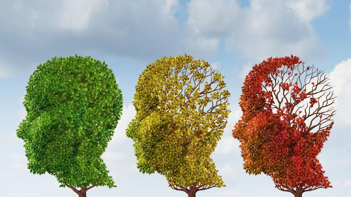 Three head-shaped trees in green, yellow, and red symbolize growth and change, set against a blue sky with clouds.