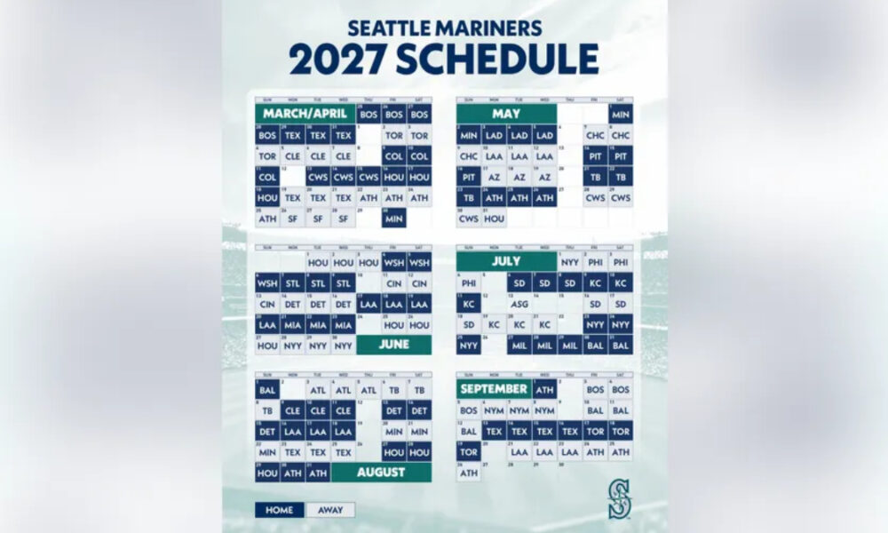 Seattle Mariners 2027 schedule poster showing monthly calendars of games and matchups (Mar–Aug).